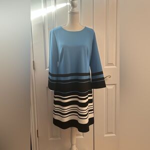 NWT KARL LAGERFELD Blue Black White Striped Long Sleeve Midi Dress, Size 10